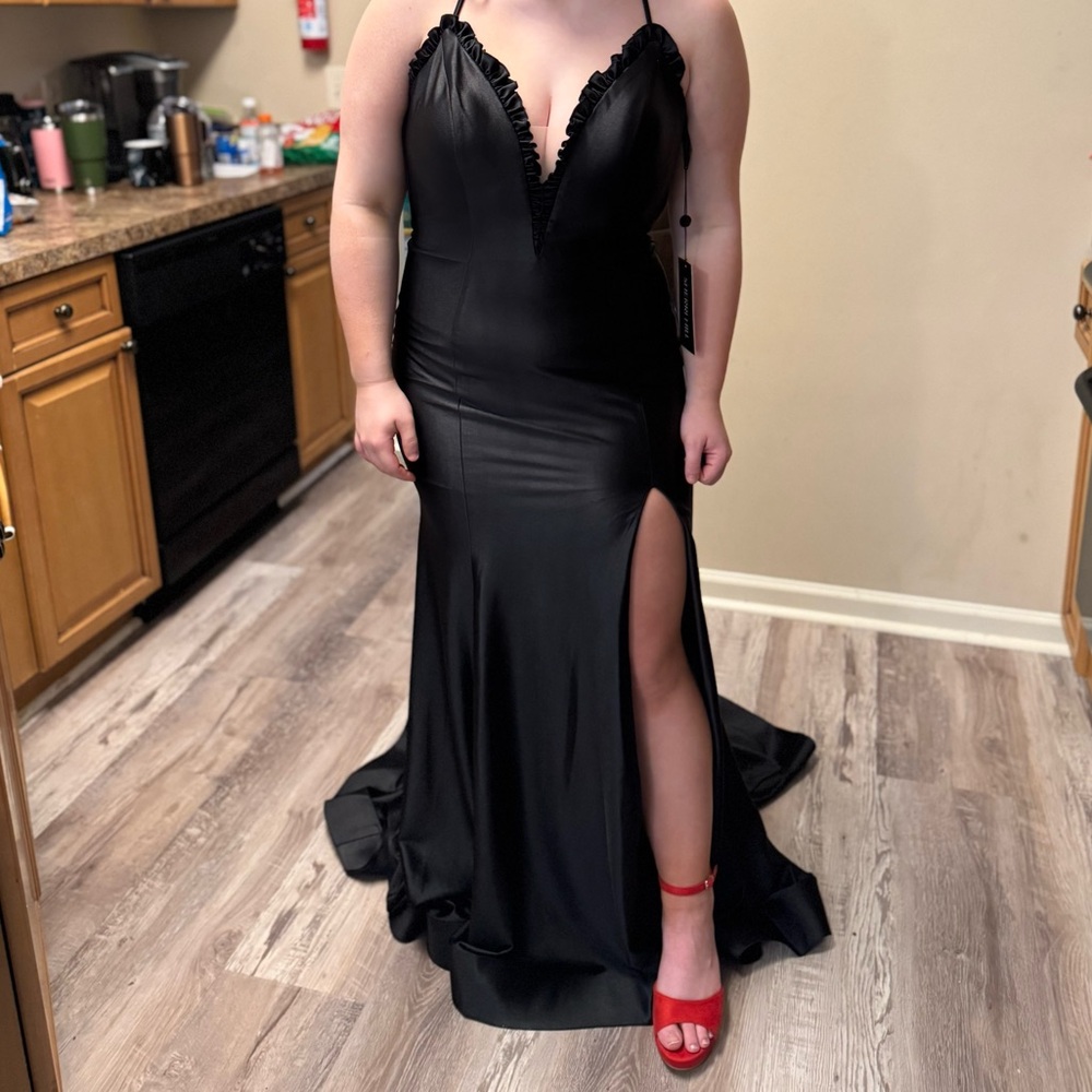 Sherri Hill Black Prom Gown with Slit and Spaghetti Straps